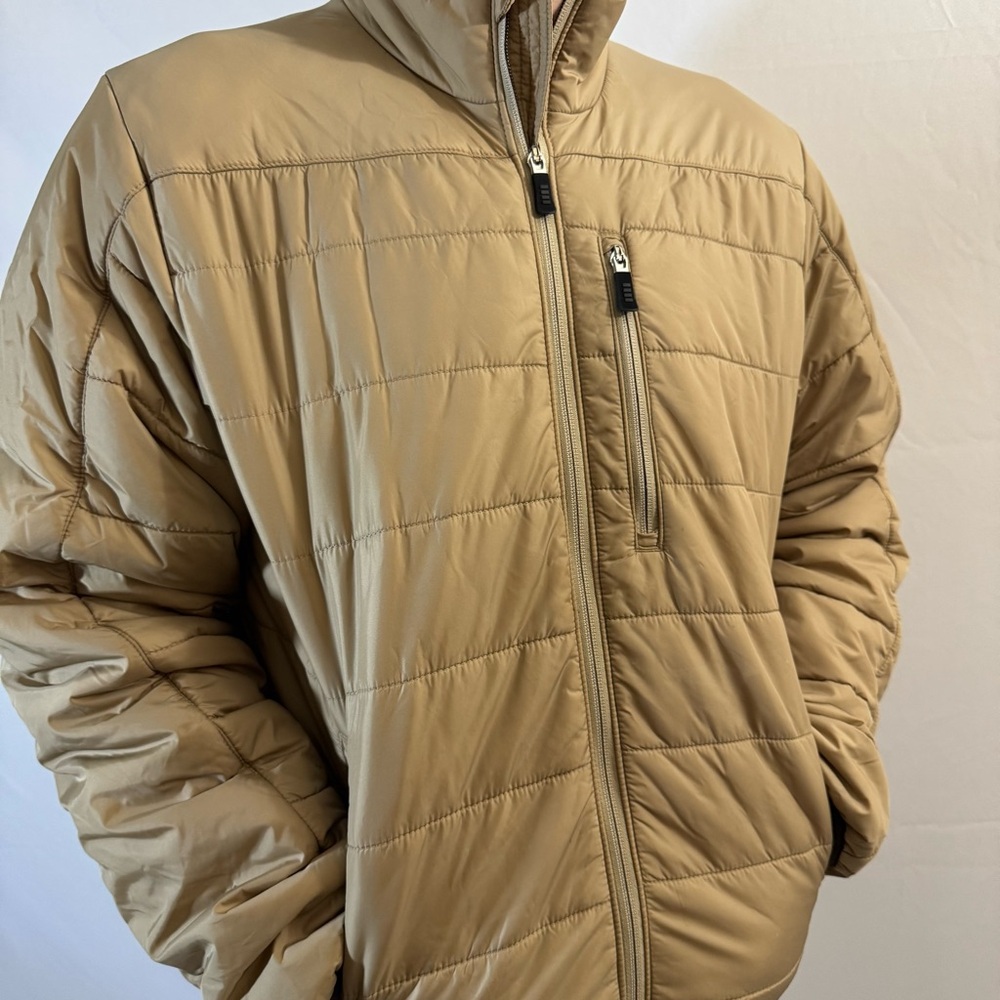 Lands’ End Men’s Beige Quilted Down Puffer Jacket Hooded Warm Winter Coat